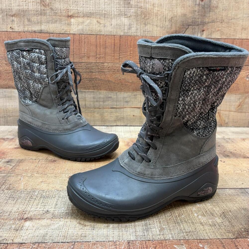 The North Face Snow Boots Womens Size 7 38 Gray Suede Quilted Knit Mid Calf